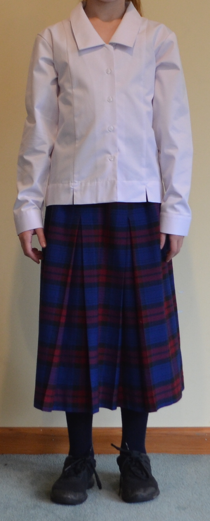 Winter skirt with white long-sleeve shirt